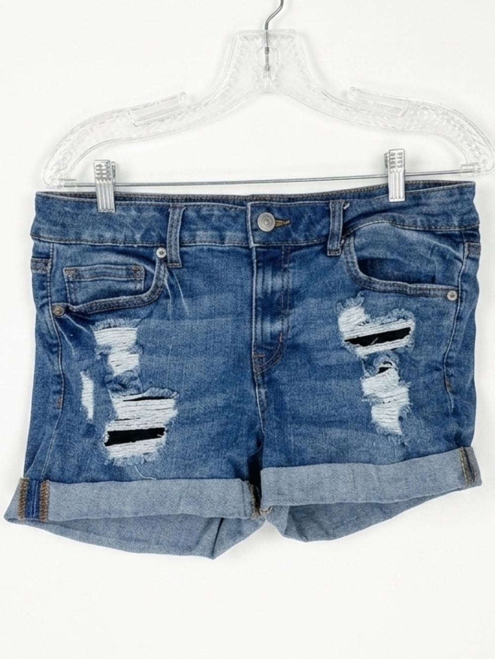 Aero Low Rise Midi Distressed Denim Shorts - Blue